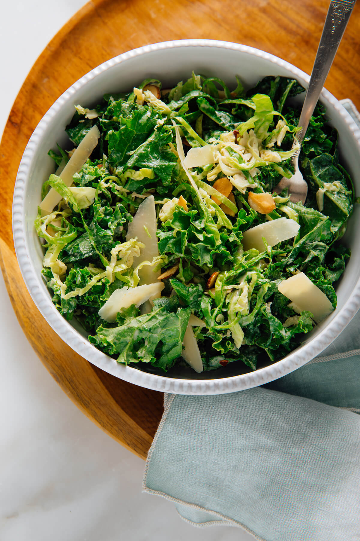 kale and brussels sprouts salad with tahini dressing
