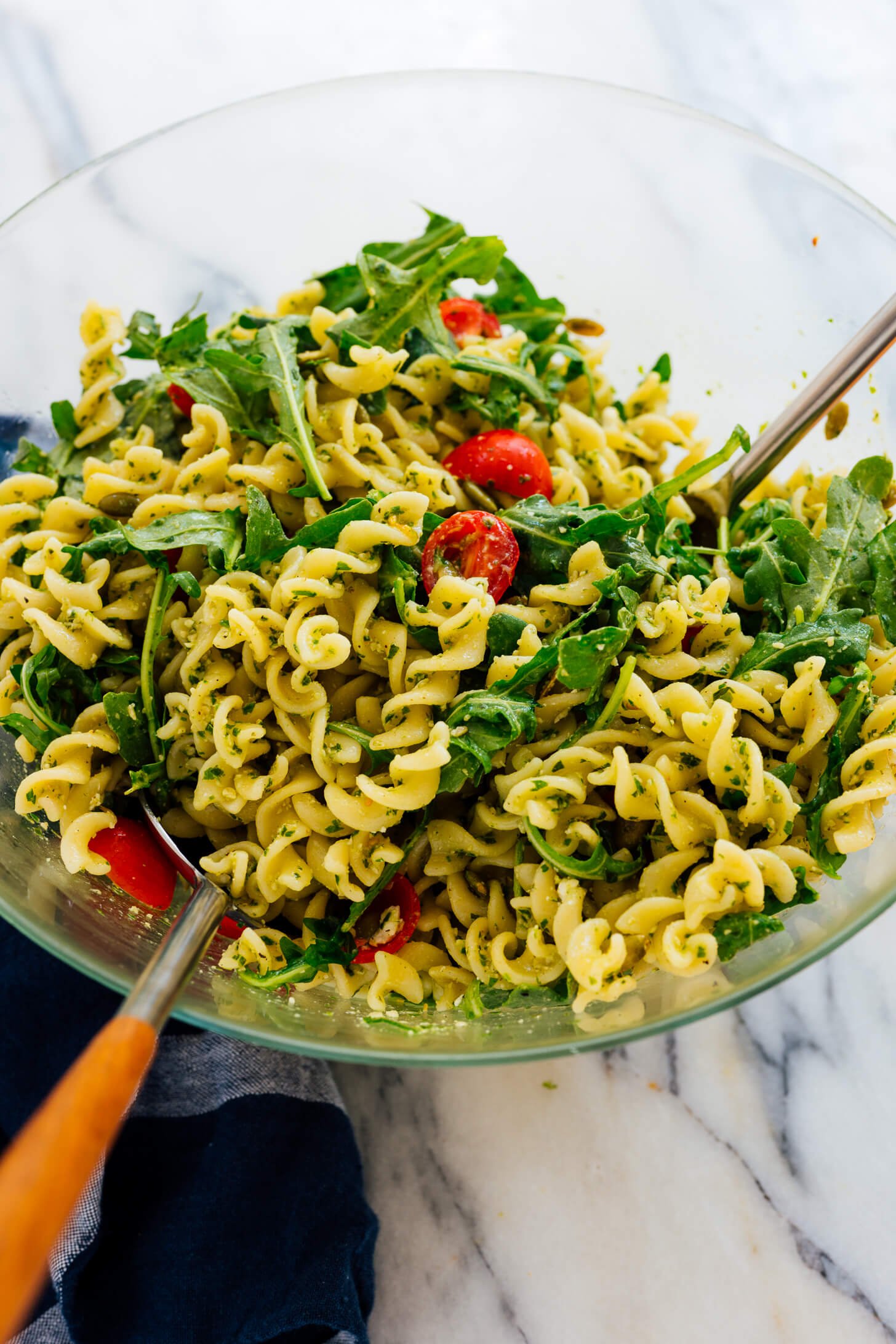 pesto pasta salad in serving bowl