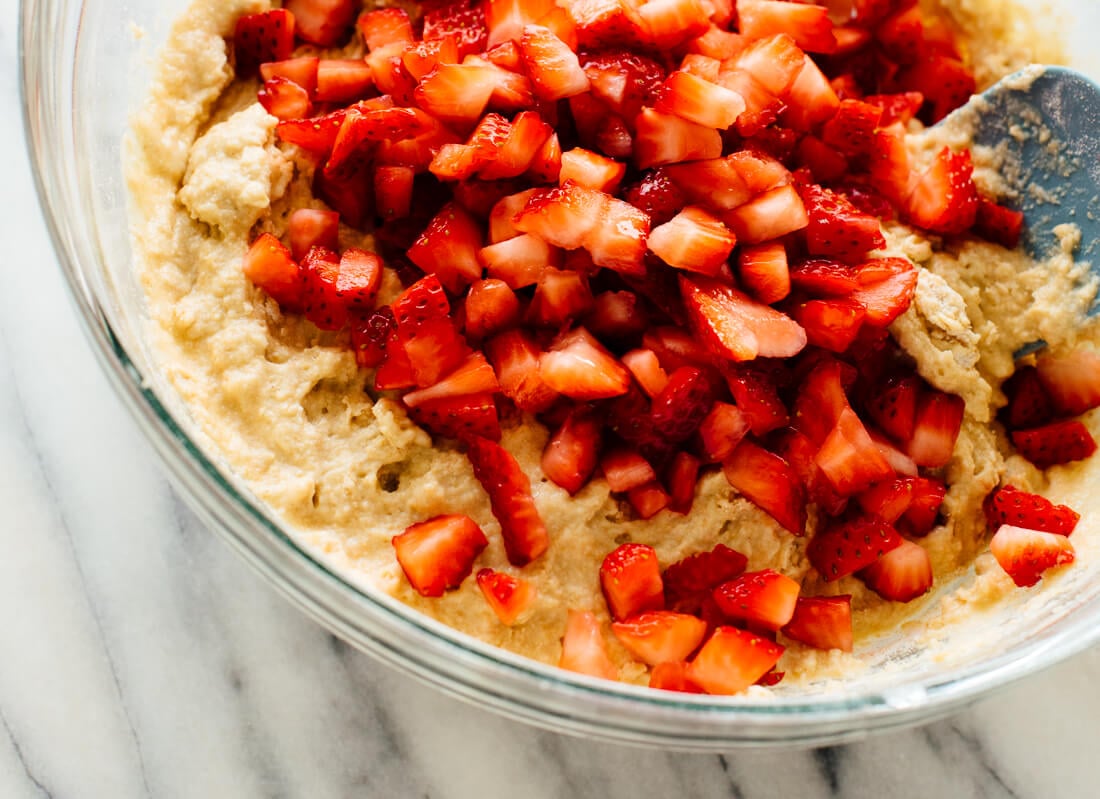 strawberries in muffin batter