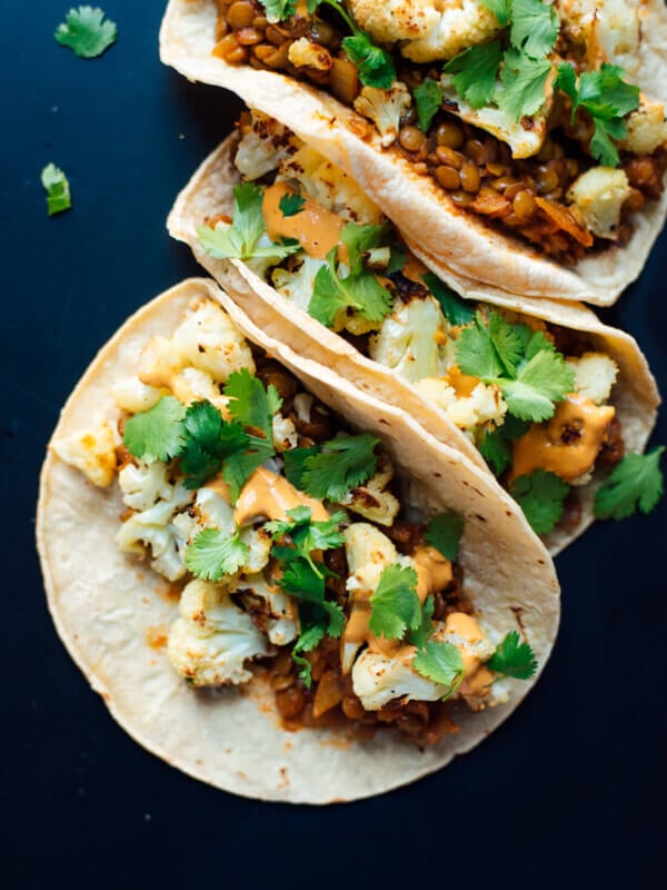Roasted cauliflower and lentil tacos with creamy chipotle sauce