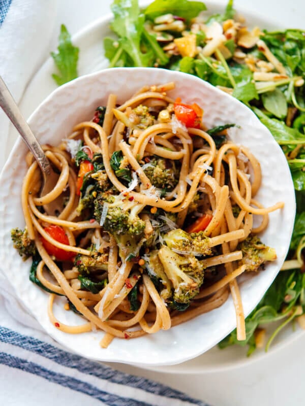 Spinach pasta recipe, featuring lots of roasted vegetables tossed in a light balsamic sauce