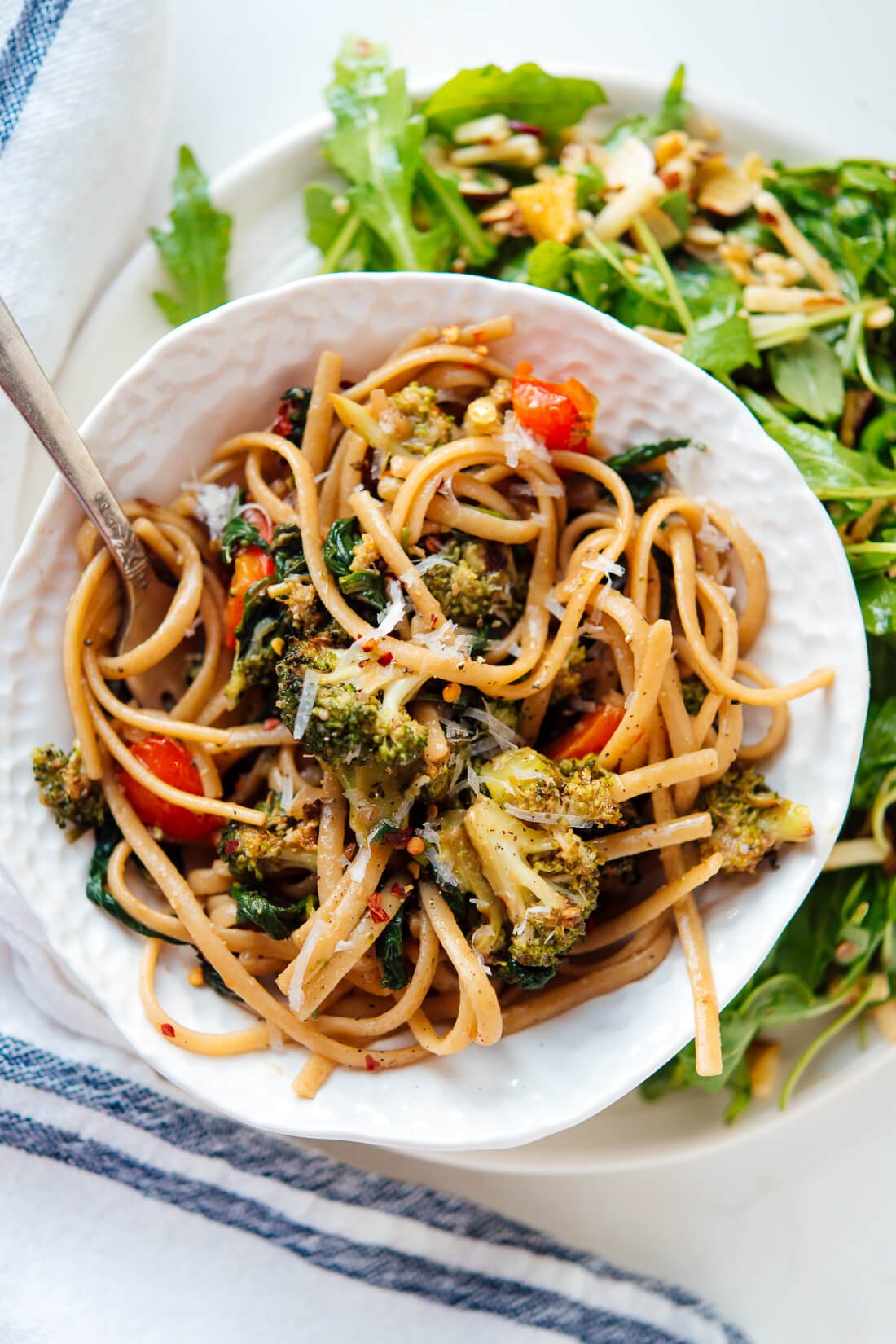 Spinach pasta recipe, featuring lots of roasted vegetables tossed in a light balsamic sauce