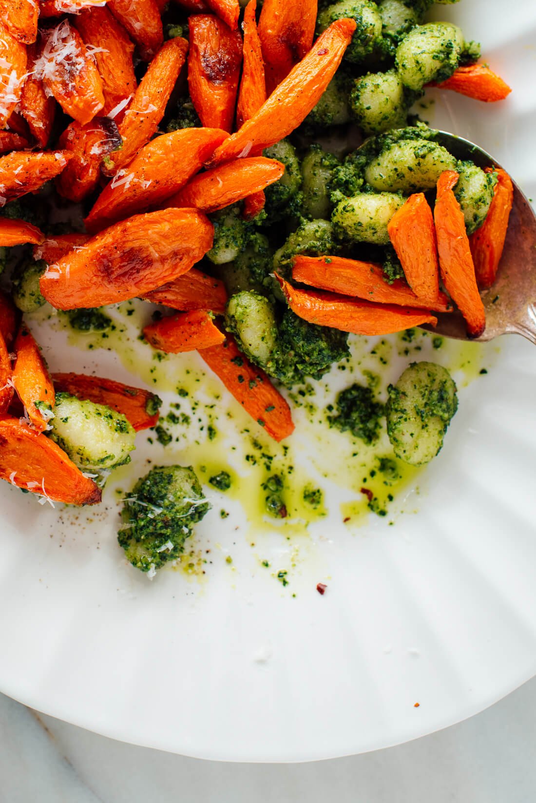 Kale pesto with roasted carrots and gnocchi