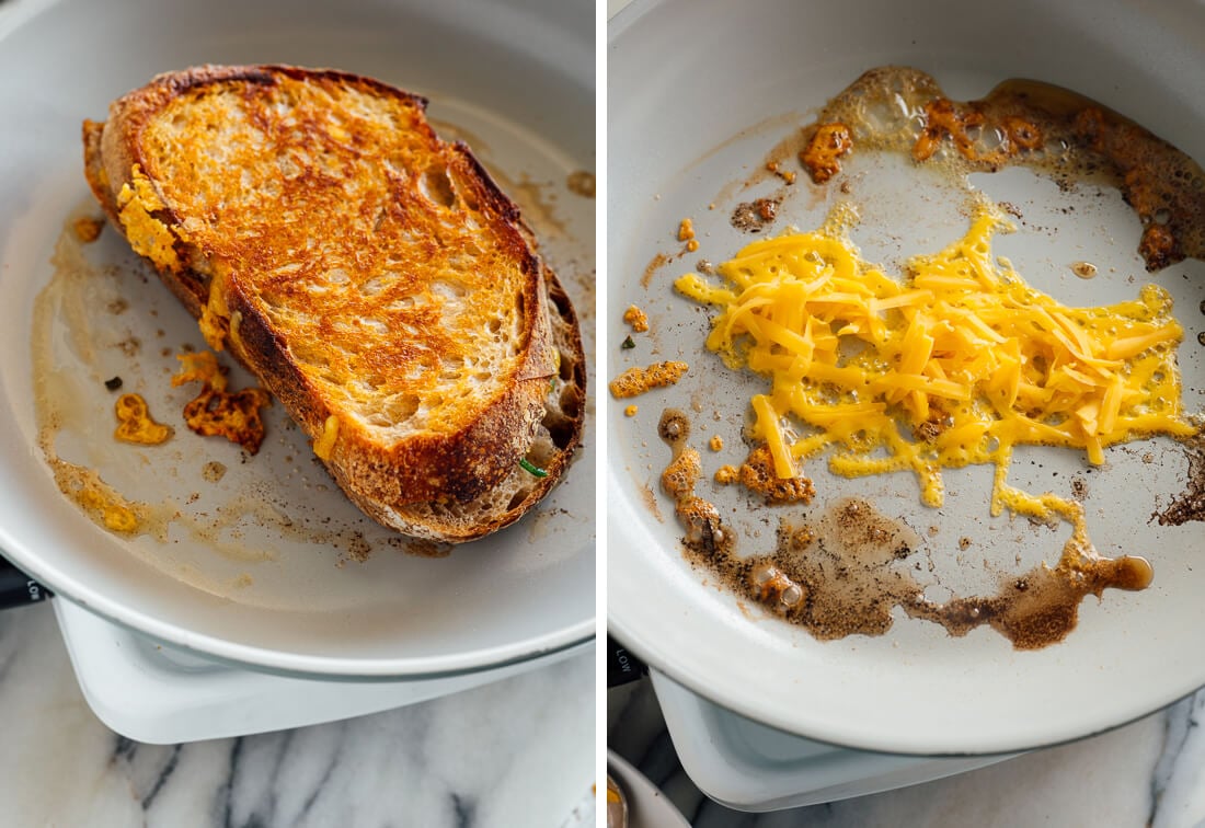 the trick to cheesy outside grilled cheese sandwich
