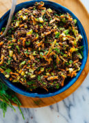 tangy lentil salad in blue bowl