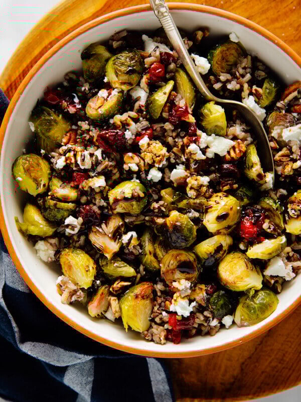 roasted cranberries, brussels sprouts and wild rice dish