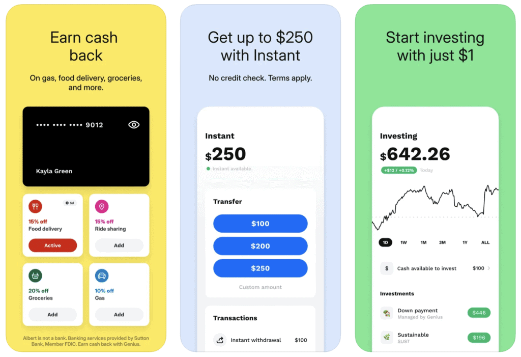 Albert App Review- screenshot of the different Albert app features, such as cash back, free cash advance, and investing